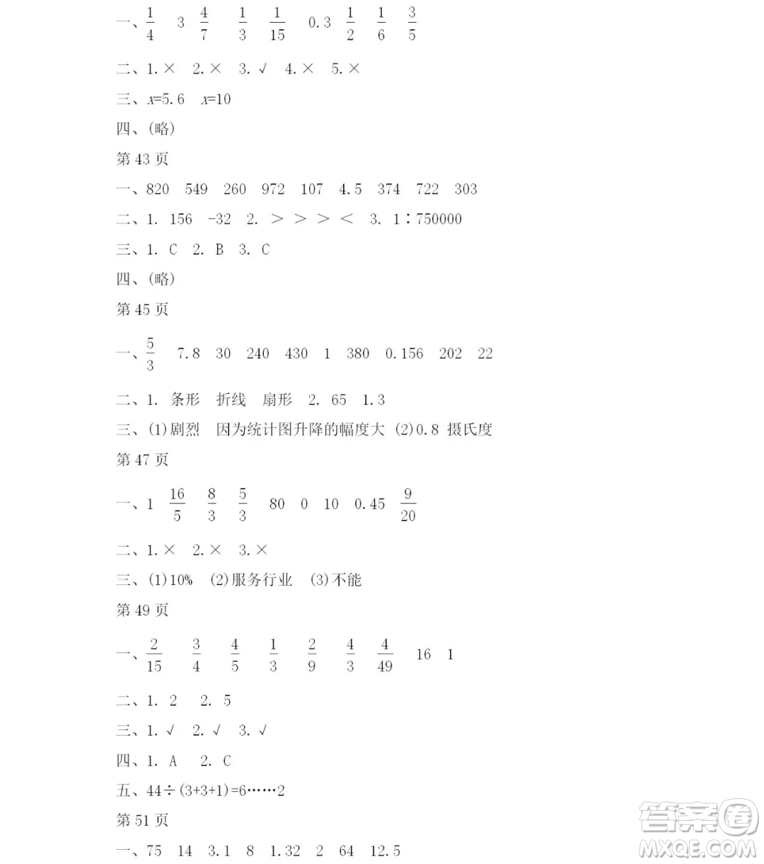 2019宋春生主編陽光假日暑假作業(yè)六年級數(shù)學(xué)人教版答案