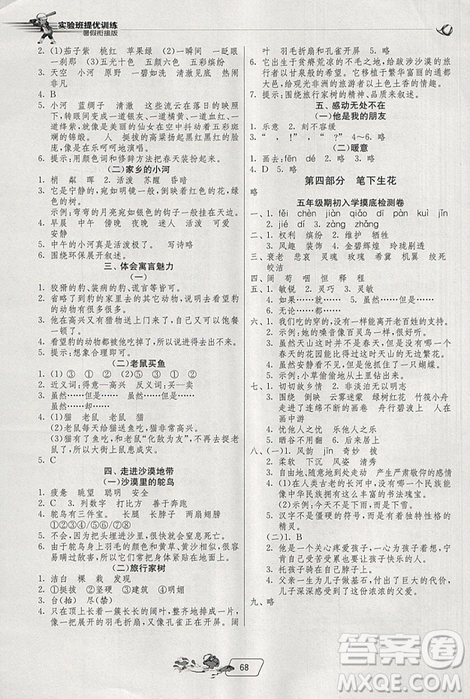 2019春雨教育實(shí)驗(yàn)班提優(yōu)訓(xùn)練暑假銜接版四升五年級(jí)語文人教版答案