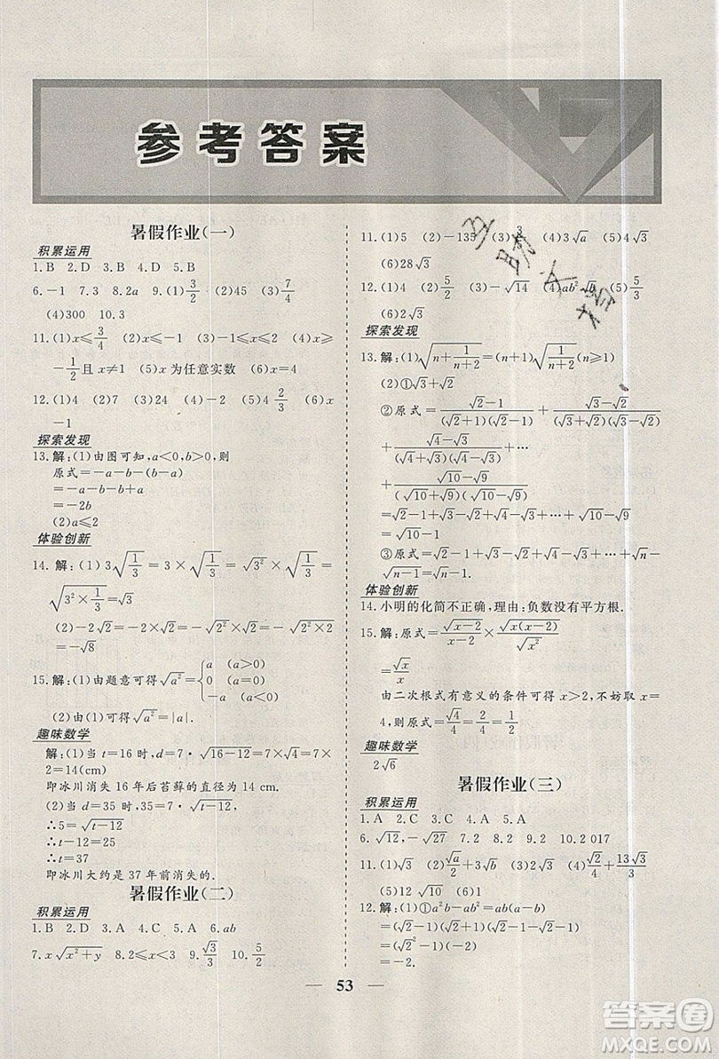 2019優(yōu)化方案假期作業(yè)歡樂共享快樂假期八年級數(shù)學(xué)人教版答案