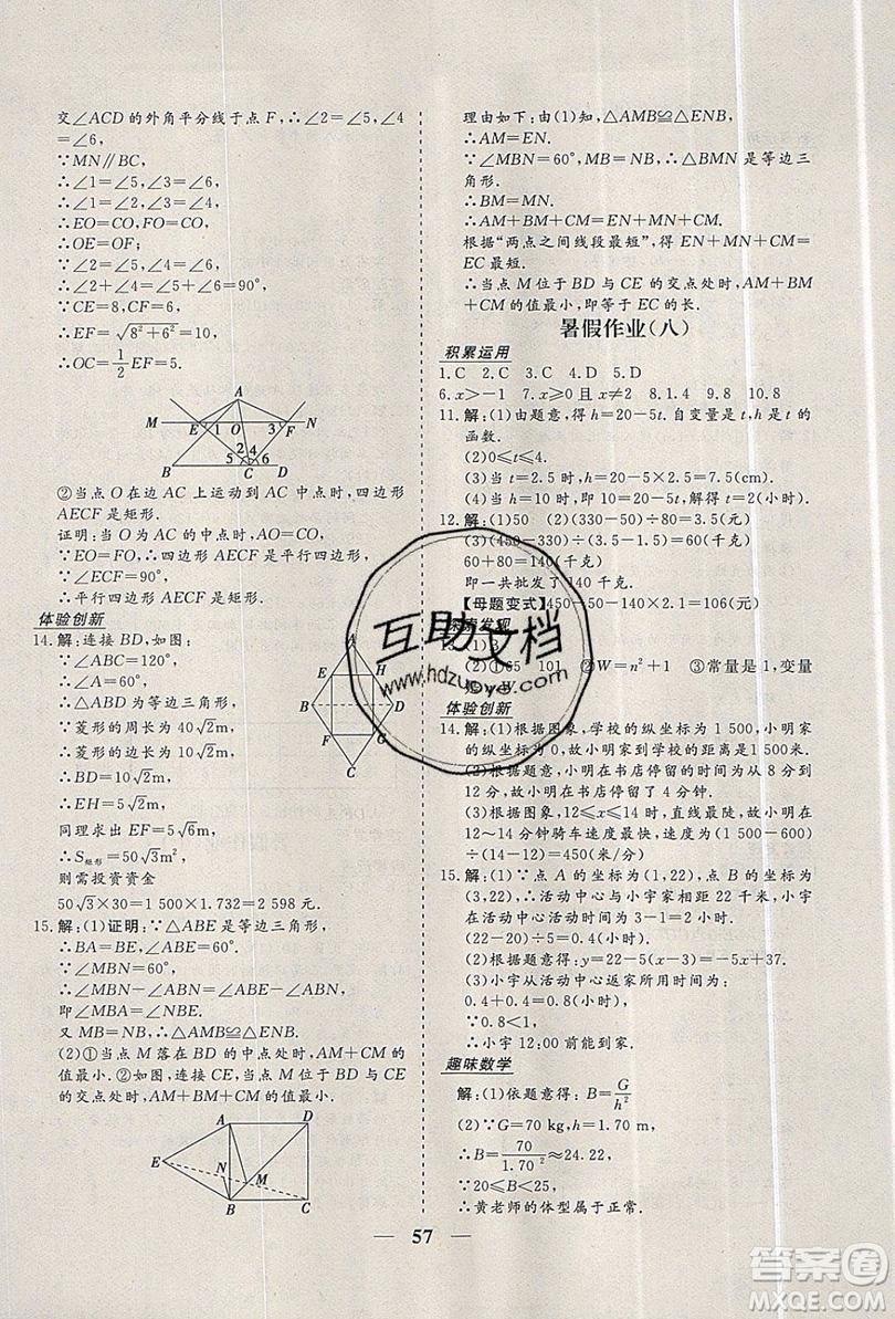 2019優(yōu)化方案假期作業(yè)歡樂共享快樂假期八年級數(shù)學(xué)人教版答案
