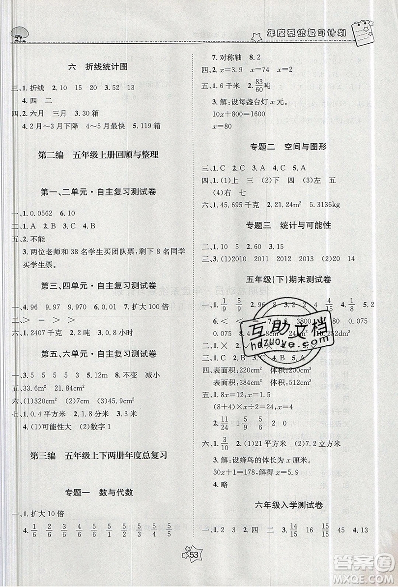 五好生2019假期總動員年度系統(tǒng)復(fù)習(xí)總計劃五年級數(shù)學(xué)西師大版答案