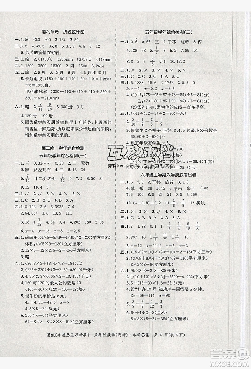 2019年年度總復(fù)習(xí)精要復(fù)習(xí)總動(dòng)員五年級數(shù)學(xué)西師大版答案