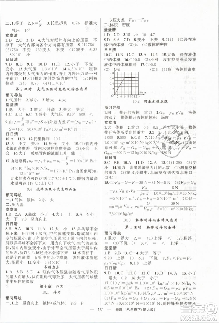 2019年四清導(dǎo)航八年級(jí)物理下冊(cè)人教版參考答案
