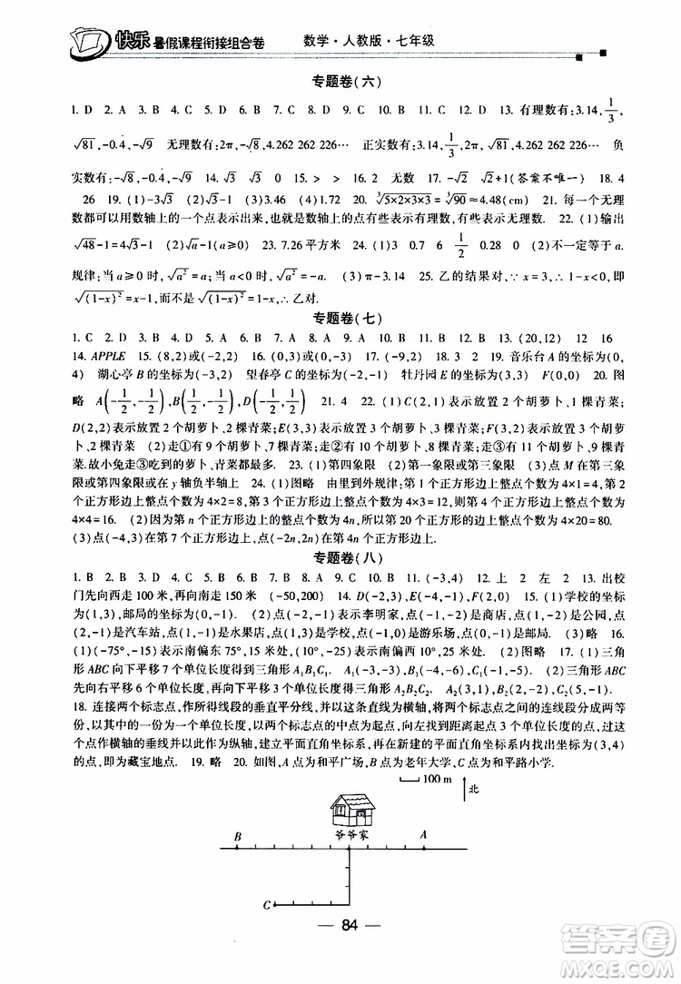 2019年快樂(lè)暑假課程銜接組合卷七年級(jí)數(shù)學(xué)人教版參考答案