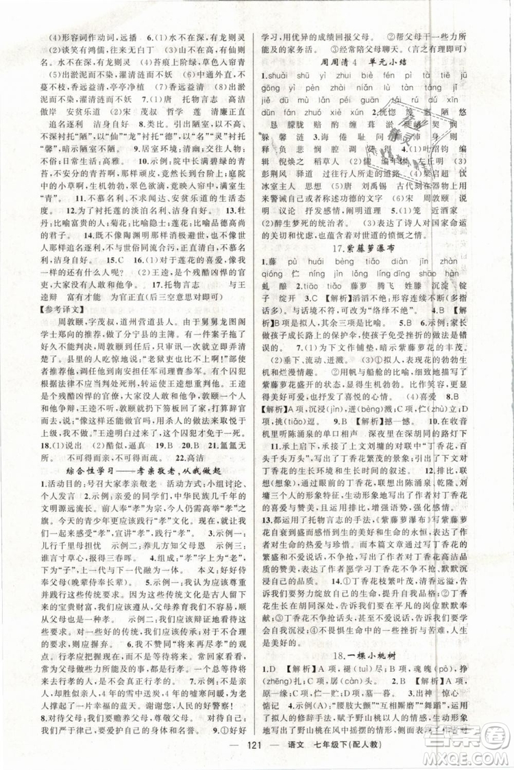 2019年四清導(dǎo)航七年級(jí)語文下冊(cè)人教版參考答案