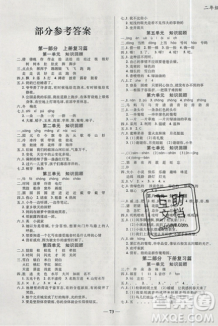 2019年假期特訓(xùn)年度總復(fù)習(xí)暑假二年級語文參考答案