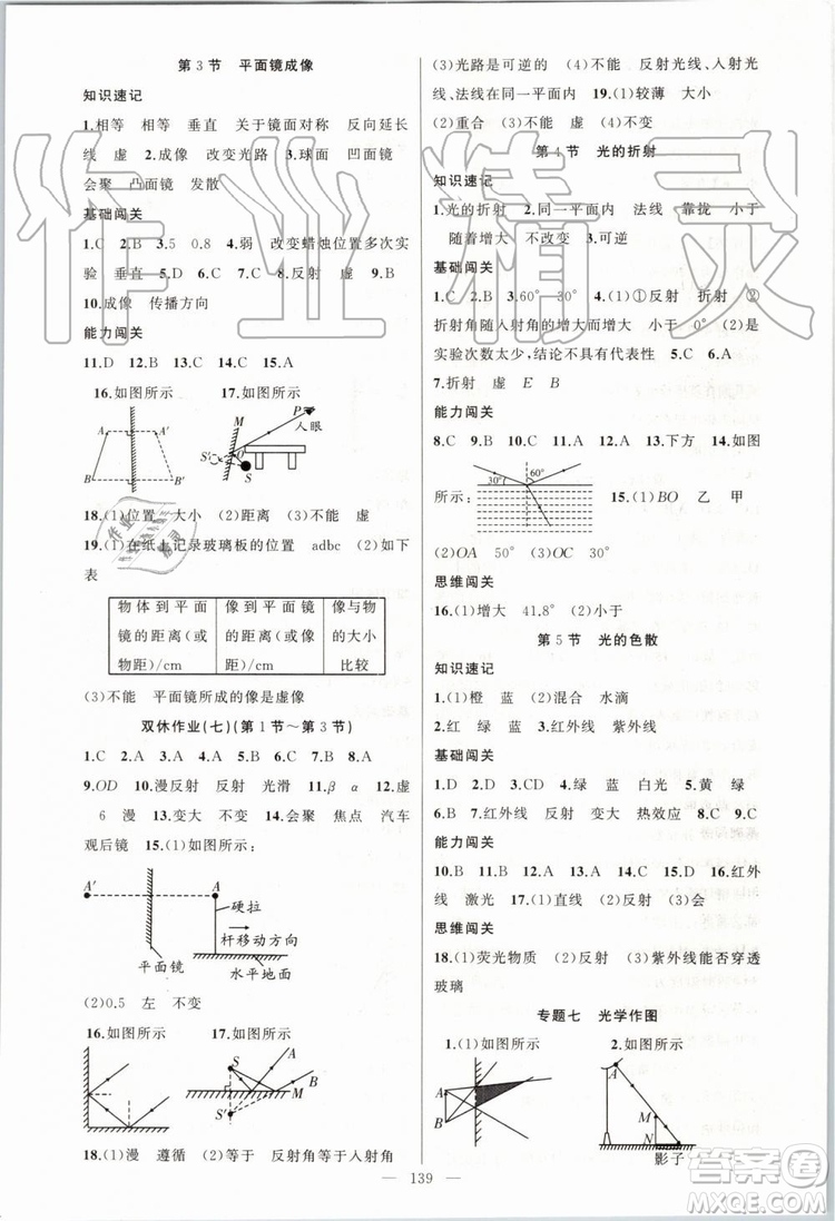 第1課堂2019年秋黃岡100分闖關(guān)上冊(cè)八年級(jí)物理人教版參考答案