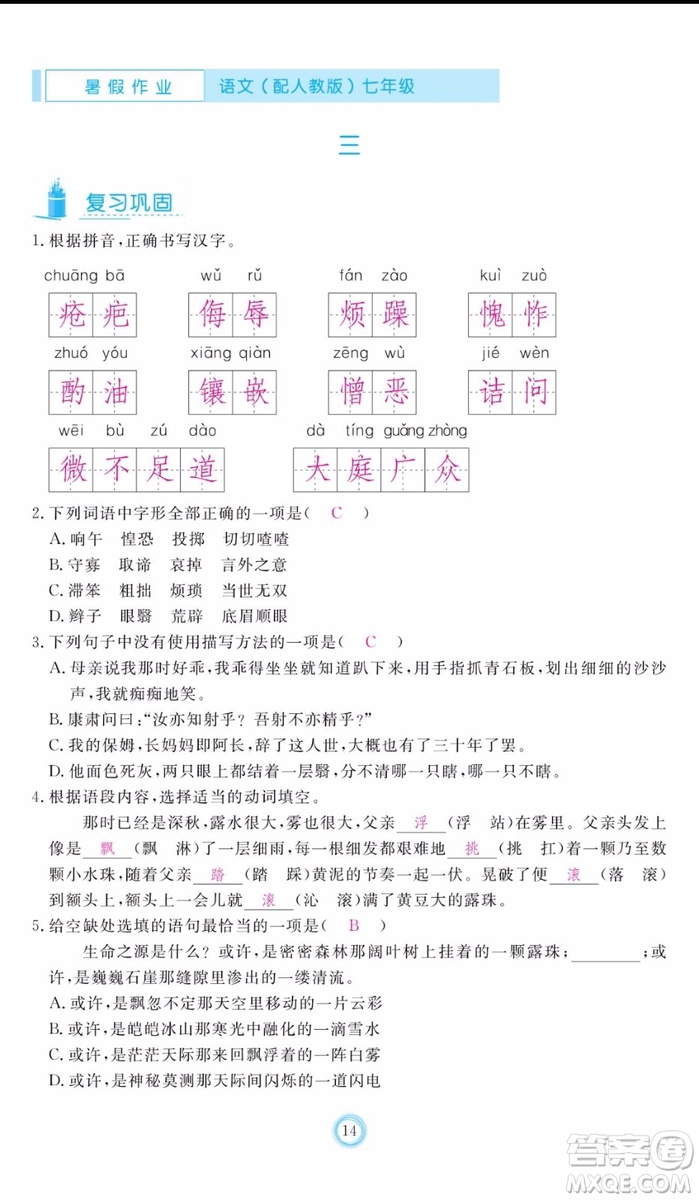 芝麻開花2019年暑假作業(yè)七年級(jí)語(yǔ)文人教版參考答案