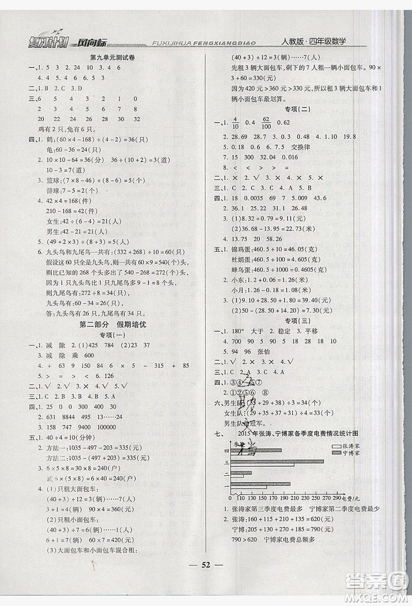 2019小學生復習計劃風向標暑假四年級數(shù)學人教版答案