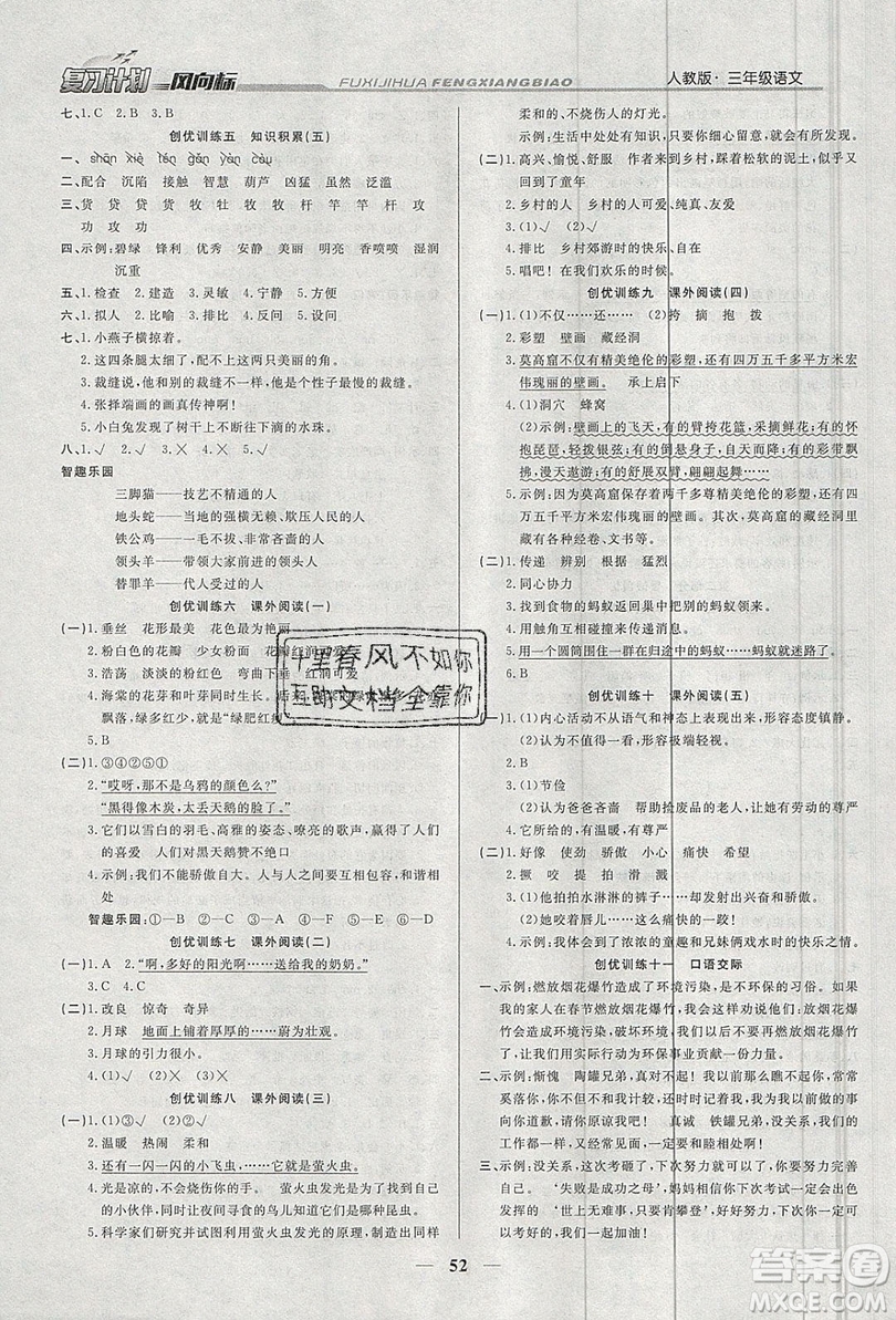 2019小學(xué)生復(fù)習(xí)計劃風(fēng)向標(biāo)暑假三年級語文人教版答案