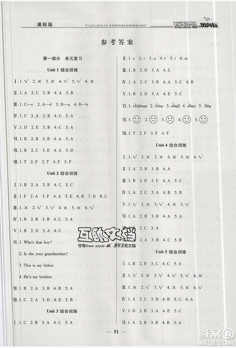 2019小學(xué)生復(fù)習(xí)計劃風(fēng)向標(biāo)暑假三年級英語人教PEP版答案