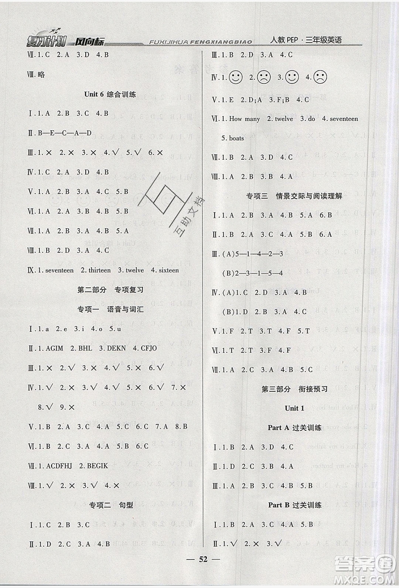2019小學(xué)生復(fù)習(xí)計劃風(fēng)向標(biāo)暑假三年級英語人教PEP版答案