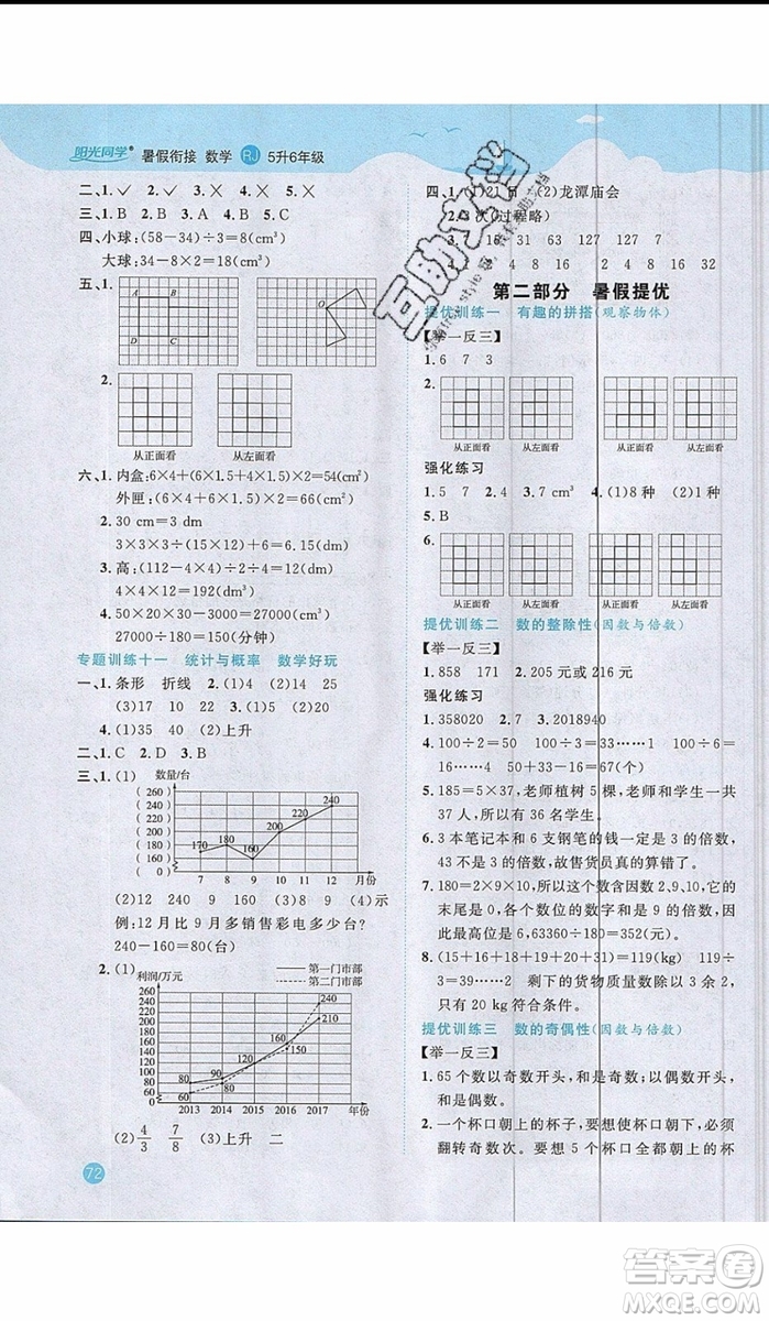 陽光同學2019年暑假銜接五年級下冊數(shù)學5升6人教版參考答案