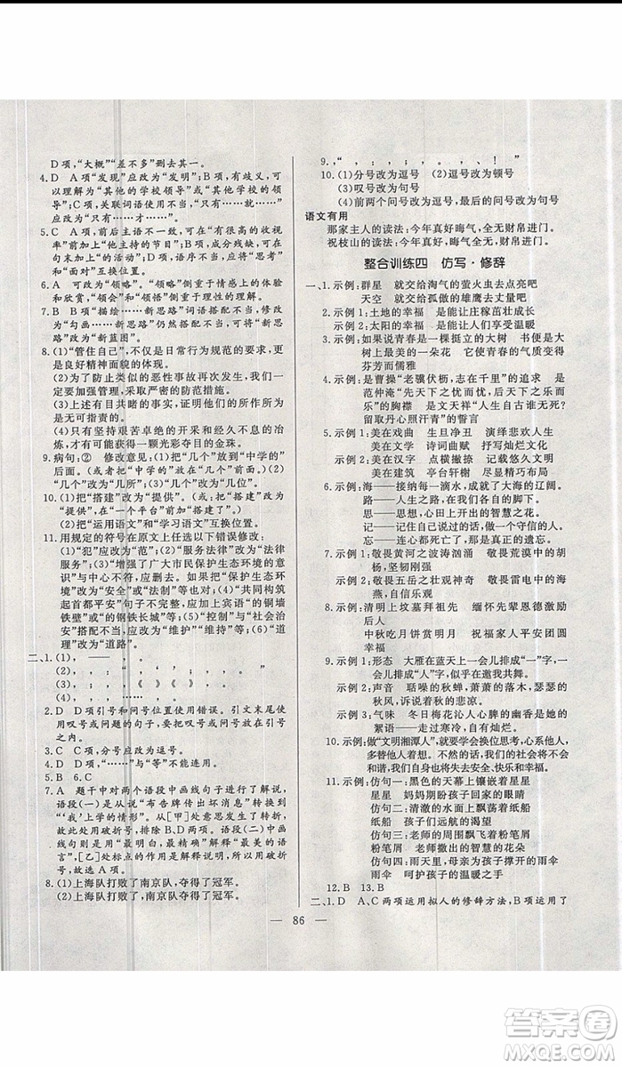 2019年高效A計(jì)劃期末暑假銜接七年級(jí)語(yǔ)文人教版RJ參考答案