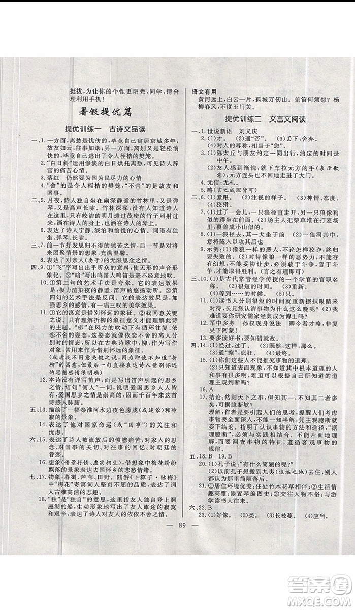 2019年高效A計(jì)劃期末暑假銜接七年級(jí)語(yǔ)文人教版RJ參考答案