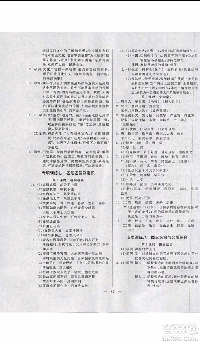 2019新版高效A計(jì)劃期末暑假銜接八年級語文人教版RJ參考答案