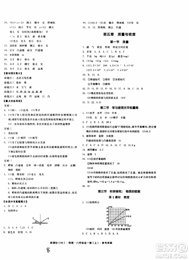 2019年全品作業(yè)本物理八年級(jí)全一冊(cè)上新課標(biāo)HK滬科版云南專用參考答案