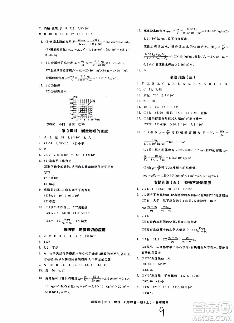 2019年全品作業(yè)本物理八年級(jí)全一冊(cè)上新課標(biāo)HK滬科版云南專用參考答案