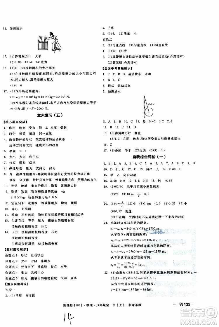2019年全品作業(yè)本物理八年級(jí)全一冊(cè)上新課標(biāo)HK滬科版云南專用參考答案