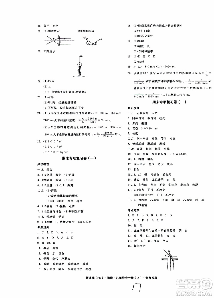 2019年全品作業(yè)本物理八年級(jí)全一冊(cè)上新課標(biāo)HK滬科版云南專用參考答案
