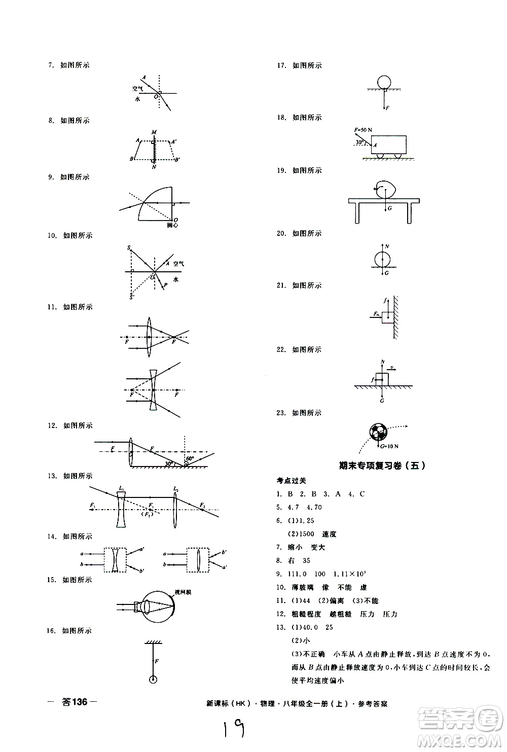 2019年全品作業(yè)本物理八年級(jí)全一冊(cè)上新課標(biāo)HK滬科版云南專用參考答案