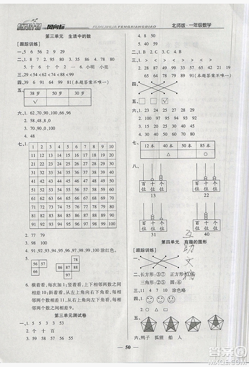 2019小學生復習計劃風向標暑假1年級數(shù)學北師大版答案