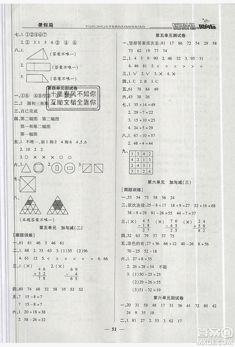 2019小學生復習計劃風向標暑假1年級數(shù)學北師大版答案