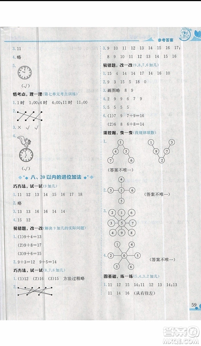 黃岡小狀元2019新版讀寫培優(yōu)小秘招一年級上冊數(shù)學參考答案