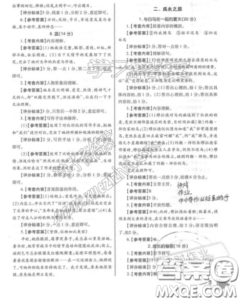 最新修訂版七年級閱讀理解訓練鼎尖閱讀閱讀組合訓練參考答案