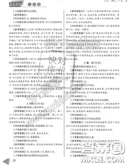 最新修訂版七年級閱讀理解訓練鼎尖閱讀閱讀組合訓練參考答案