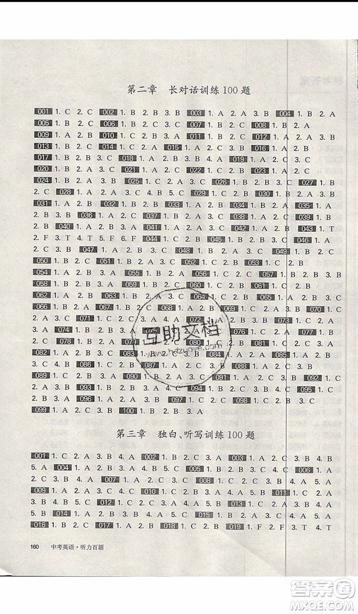 2020版百題大過關(guān)中考英語聽力百題修訂版參考答案
