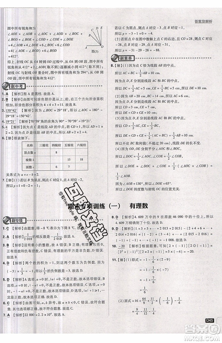 開明出版社2019新版初中必刷題七年級上冊數學RJ人教版答案