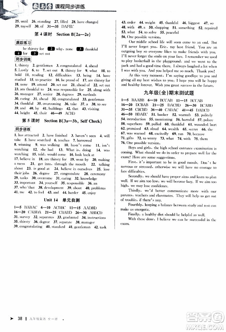 2020版教與學(xué)課程同步講練九年級英語人教新目標(biāo)版全一冊參考答案