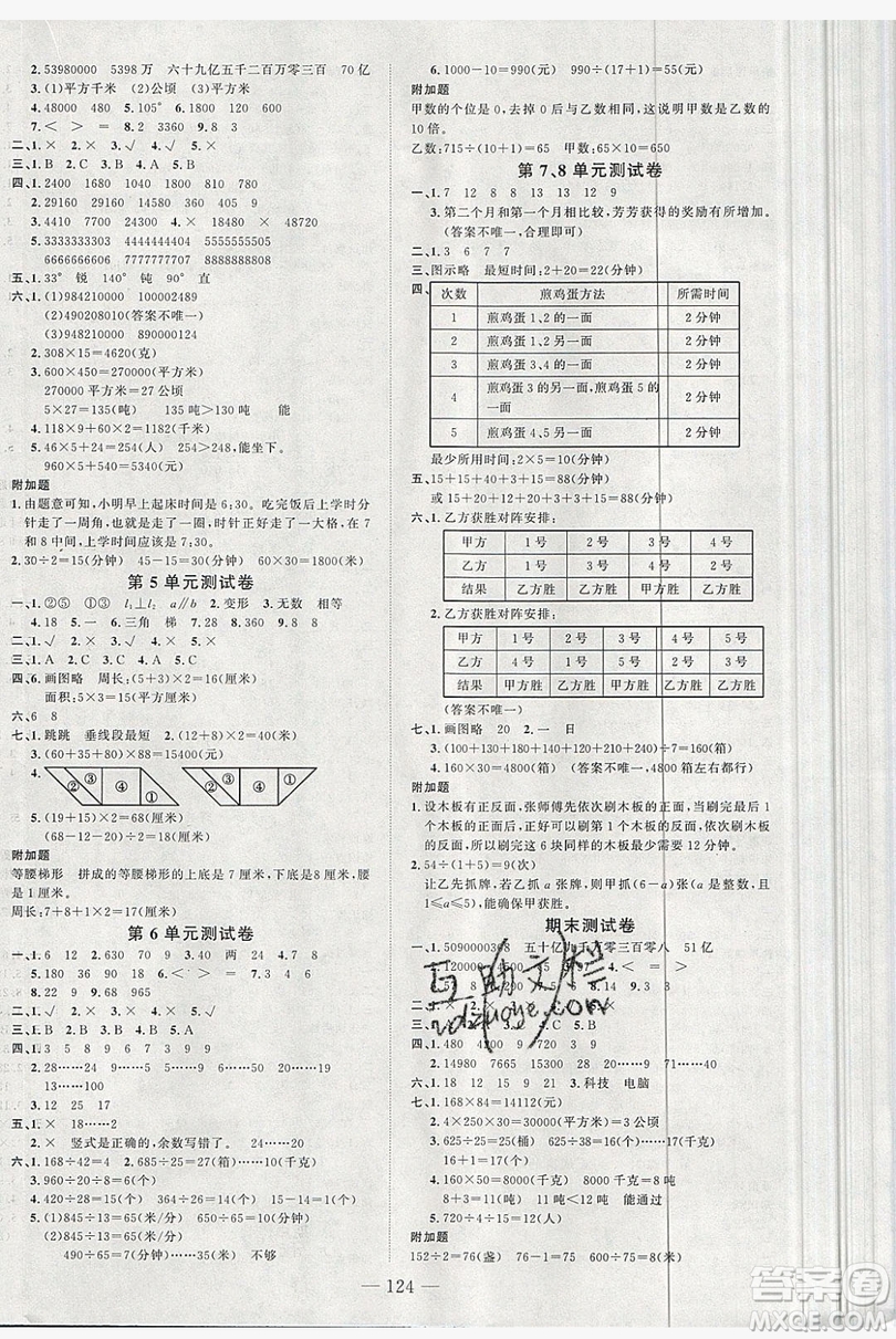 新疆青少年出版社2020新版原創(chuàng)新課堂四年級數(shù)學上冊人教版答案