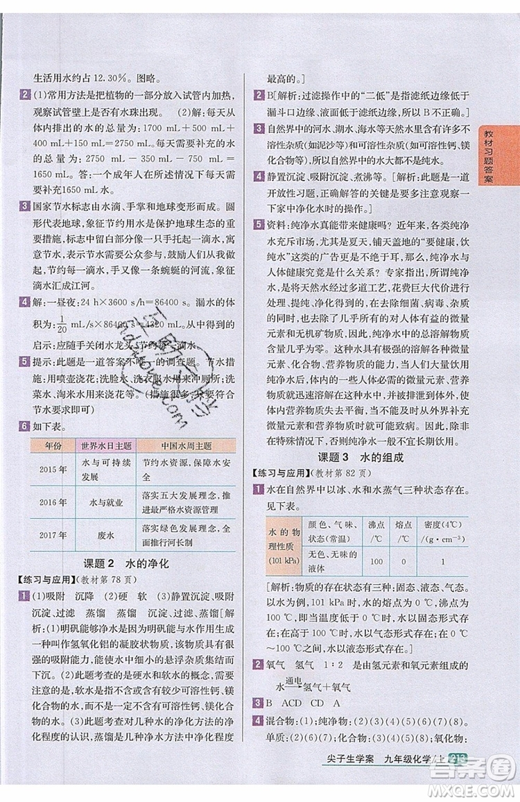 2019年尖子生學(xué)案化學(xué)九年級上冊新課標人教版參考答案