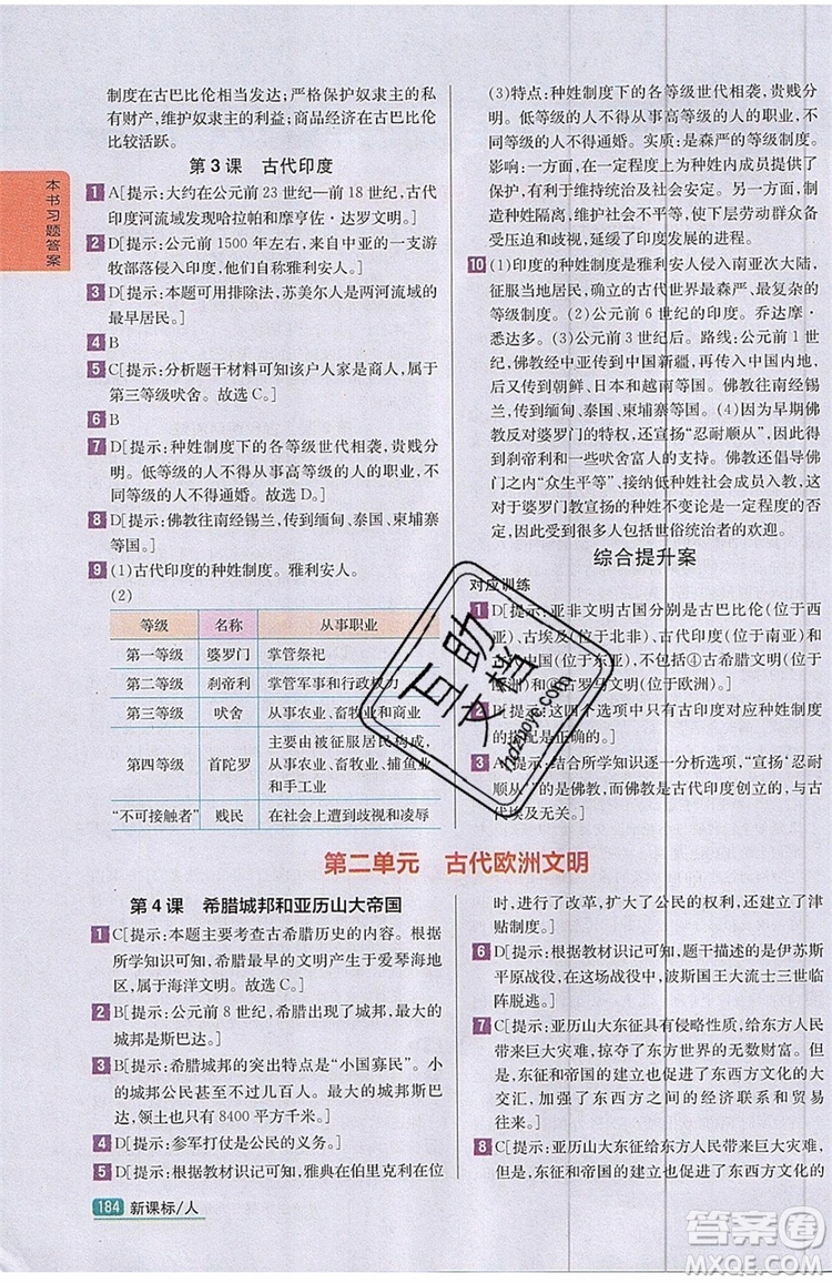 2019年尖子生學案九年級上冊歷史新課標人教版參考答案