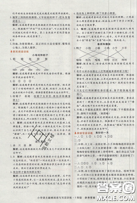 2019最新版新視野海之星小學(xué)語文巔峰閱讀與寫話訓(xùn)練一年級(jí)參考答案