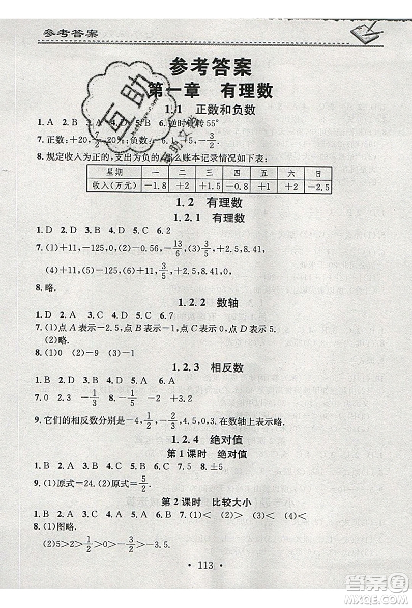 2019名校課堂小練習(xí)七年級數(shù)學(xué)上冊人教版RJ版答案