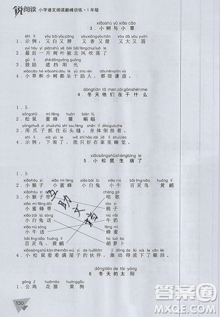 文化發(fā)展出版社2019銳閱讀小學(xué)語(yǔ)文閱讀巔峰訓(xùn)練一年級(jí)參考答案