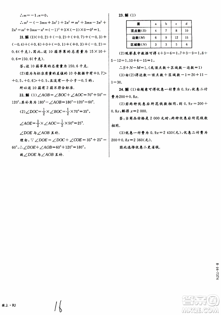2019年優(yōu)化設(shè)計(jì)單元測試卷七年級上冊數(shù)學(xué)RJ人教版參考答案