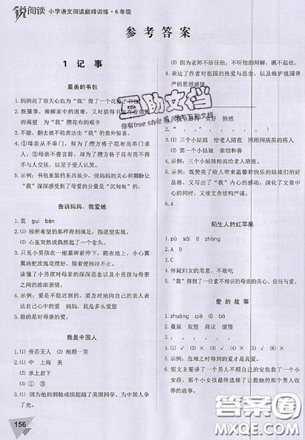 文化發(fā)展出版社2019銳閱讀小學(xué)語(yǔ)文閱讀巔峰訓(xùn)練六年級(jí)參考答案