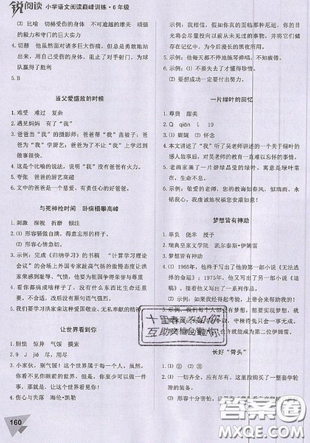 文化發(fā)展出版社2019銳閱讀小學(xué)語(yǔ)文閱讀巔峰訓(xùn)練六年級(jí)參考答案