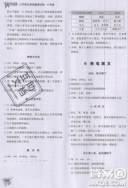 文化發(fā)展出版社2019銳閱讀小學(xué)語(yǔ)文閱讀巔峰訓(xùn)練六年級(jí)參考答案