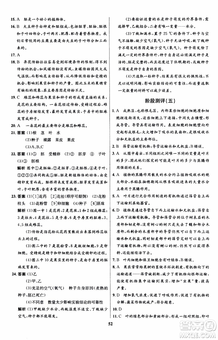 2019年初中同步學考優(yōu)化設計生物七年級上冊RJ人教版參考答案