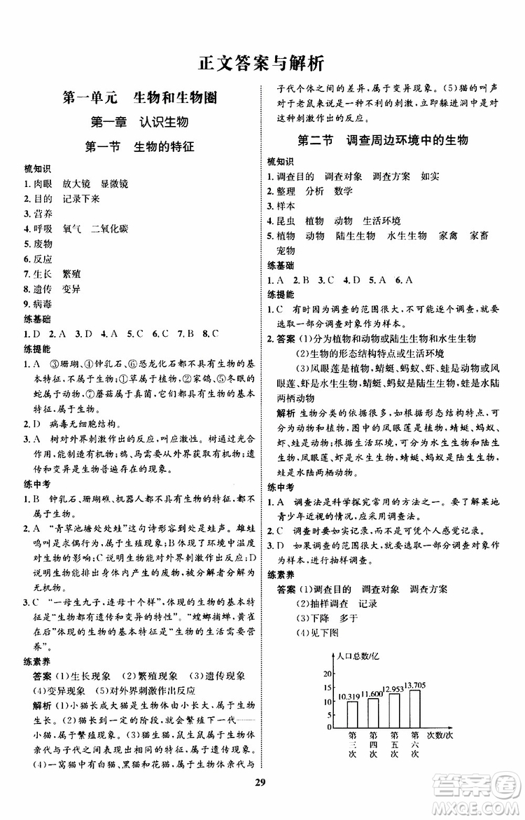 2019年初中同步學考優(yōu)化設計生物七年級上冊RJ人教版參考答案