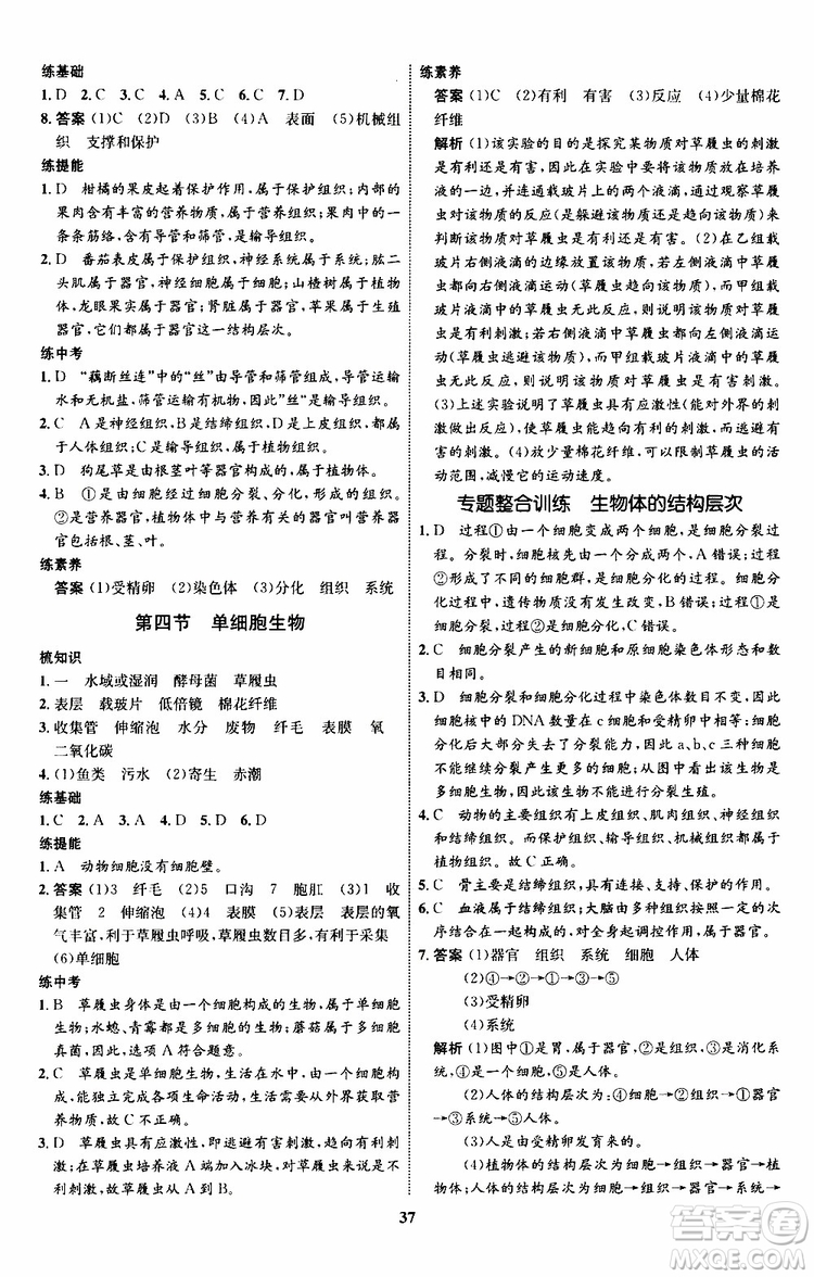 2019年初中同步學考優(yōu)化設計生物七年級上冊RJ人教版參考答案