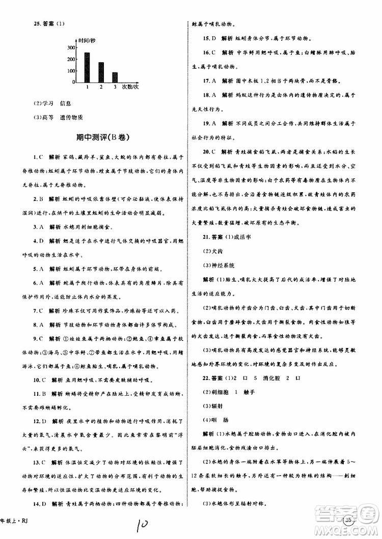 2019年優(yōu)化設(shè)計單元測試卷八年級生物上冊RJ人教版參考答案