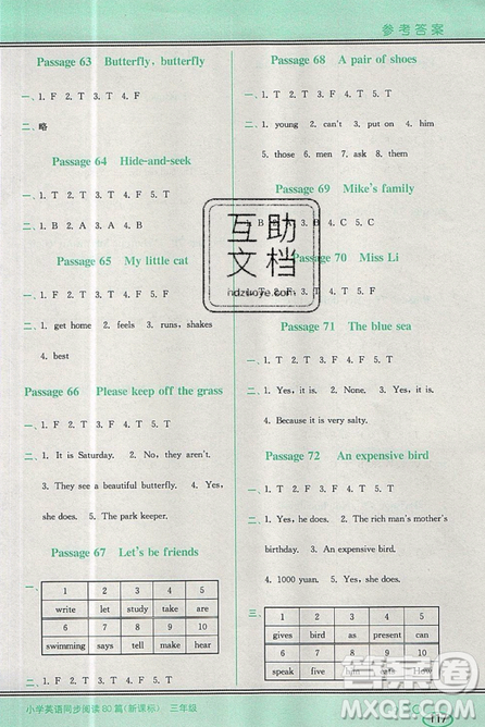 李光明主編2019點(diǎn)津英語小學(xué)英語同步閱讀80篇三年級(jí)參考答案