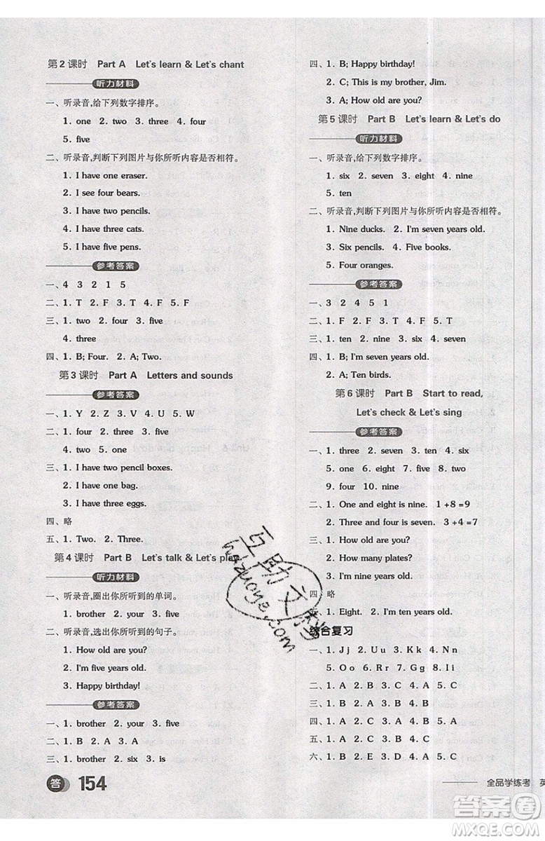 2019年全品學(xué)練考三年級上冊英語新課標(biāo)RJPEP人教版參考答案