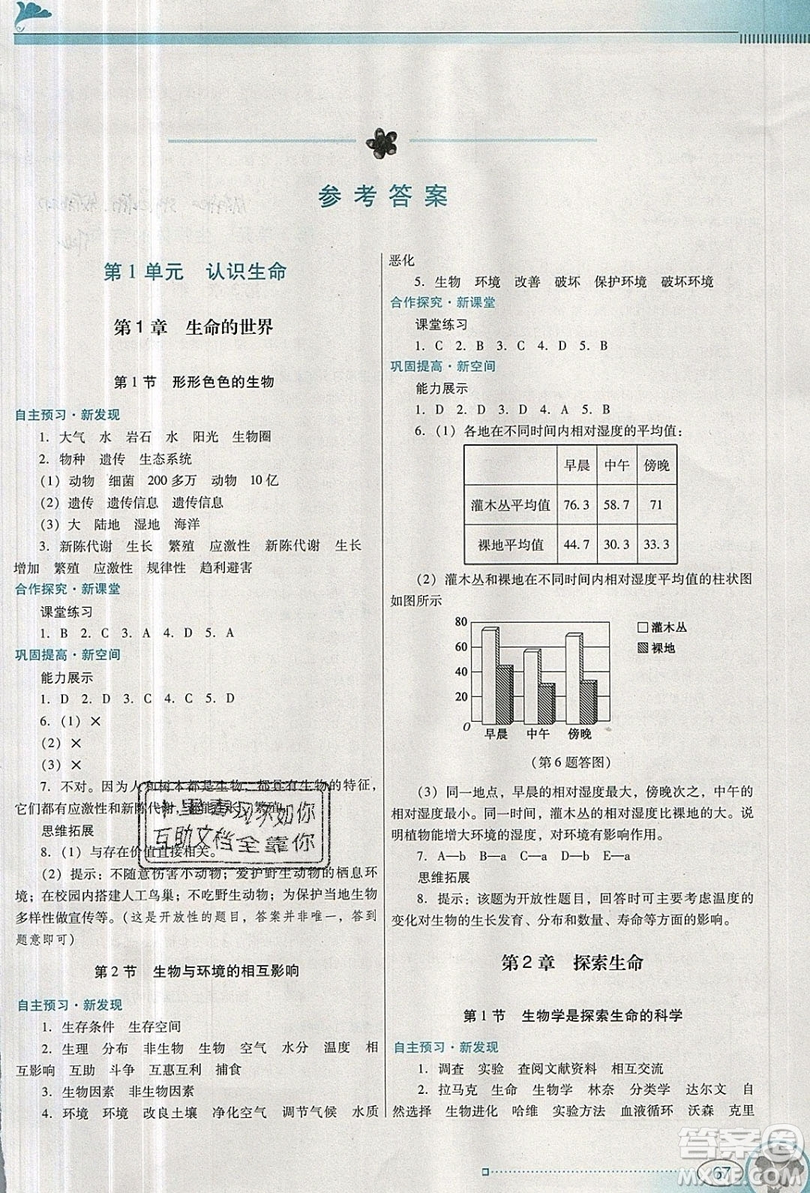 2019南方新課堂金牌學(xué)案七年級(jí)生物上冊(cè)北師大版答案